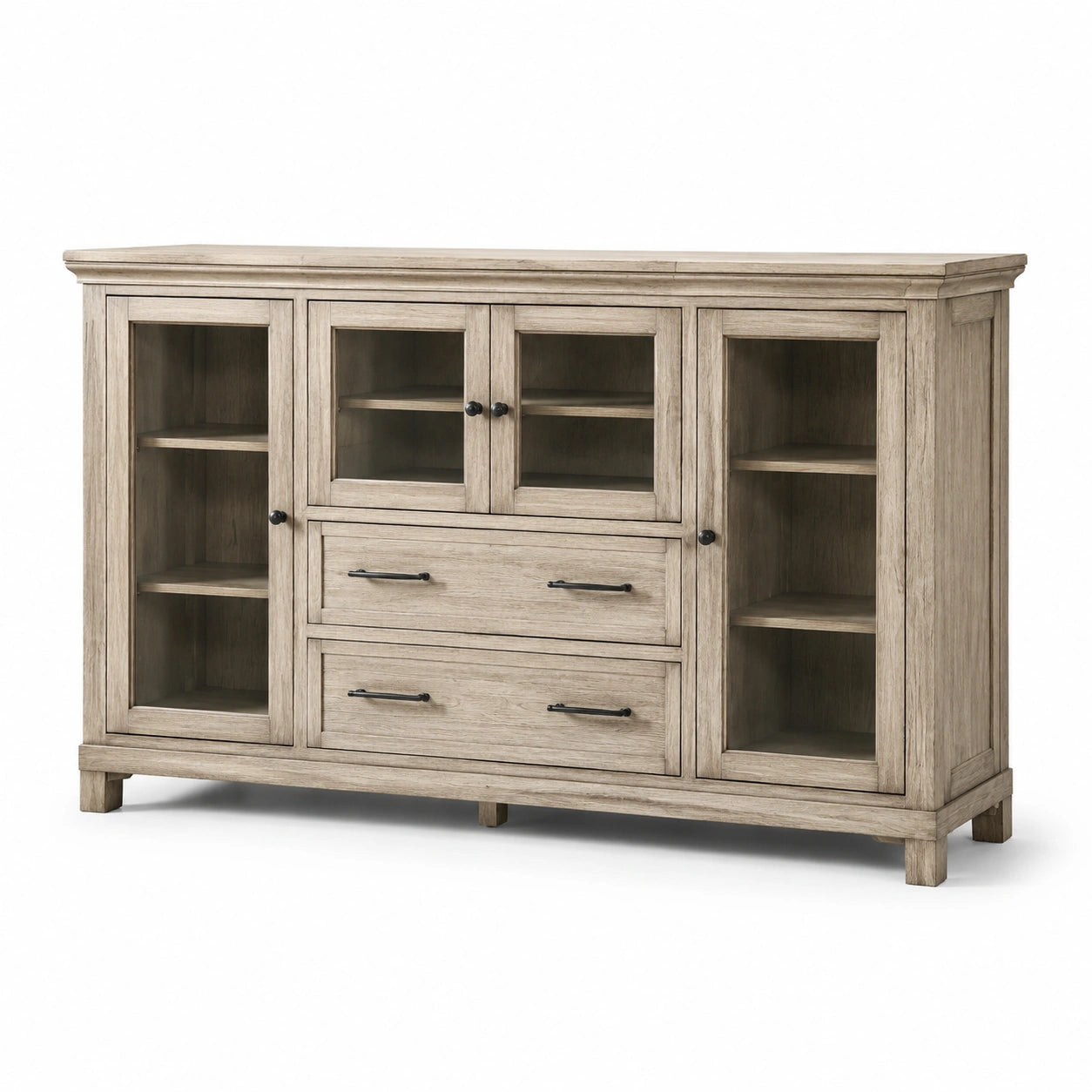 Aparador de madera con puertas de vidrio y cajones, color roble claro