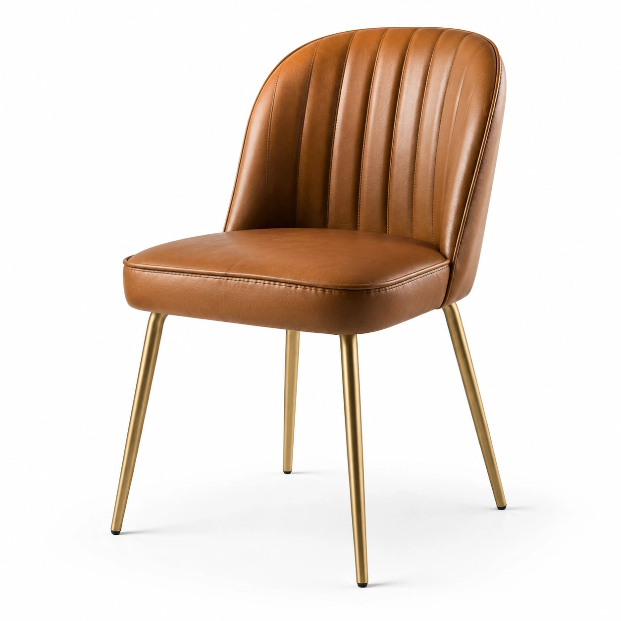 Silla de comedor de cuero sintético marrón con patas metálicas doradas
