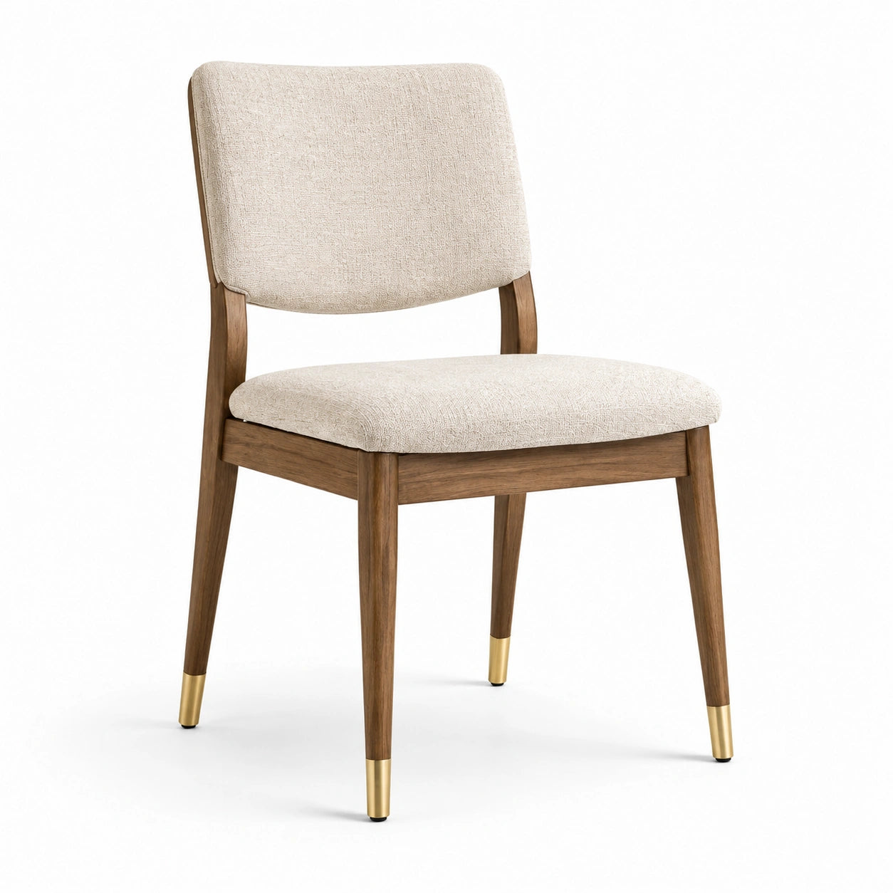 Silla de comedor con estructura de madera y detalles metálicos dorados
