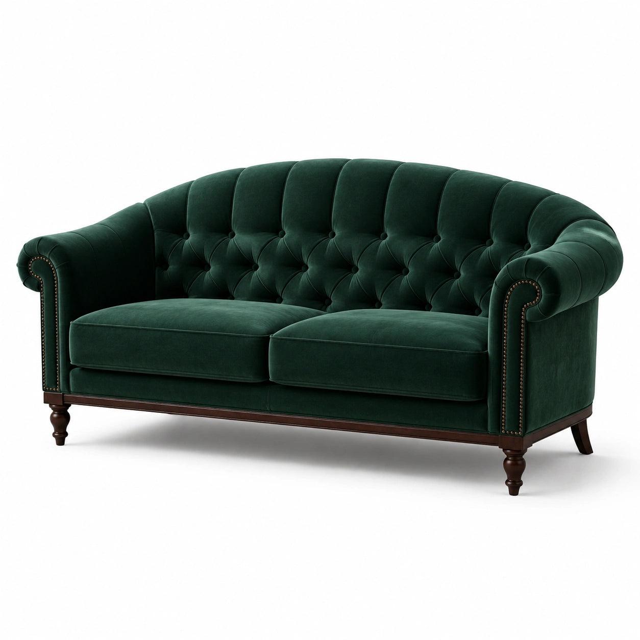 Sofá de terciopelo verde con patas de madera