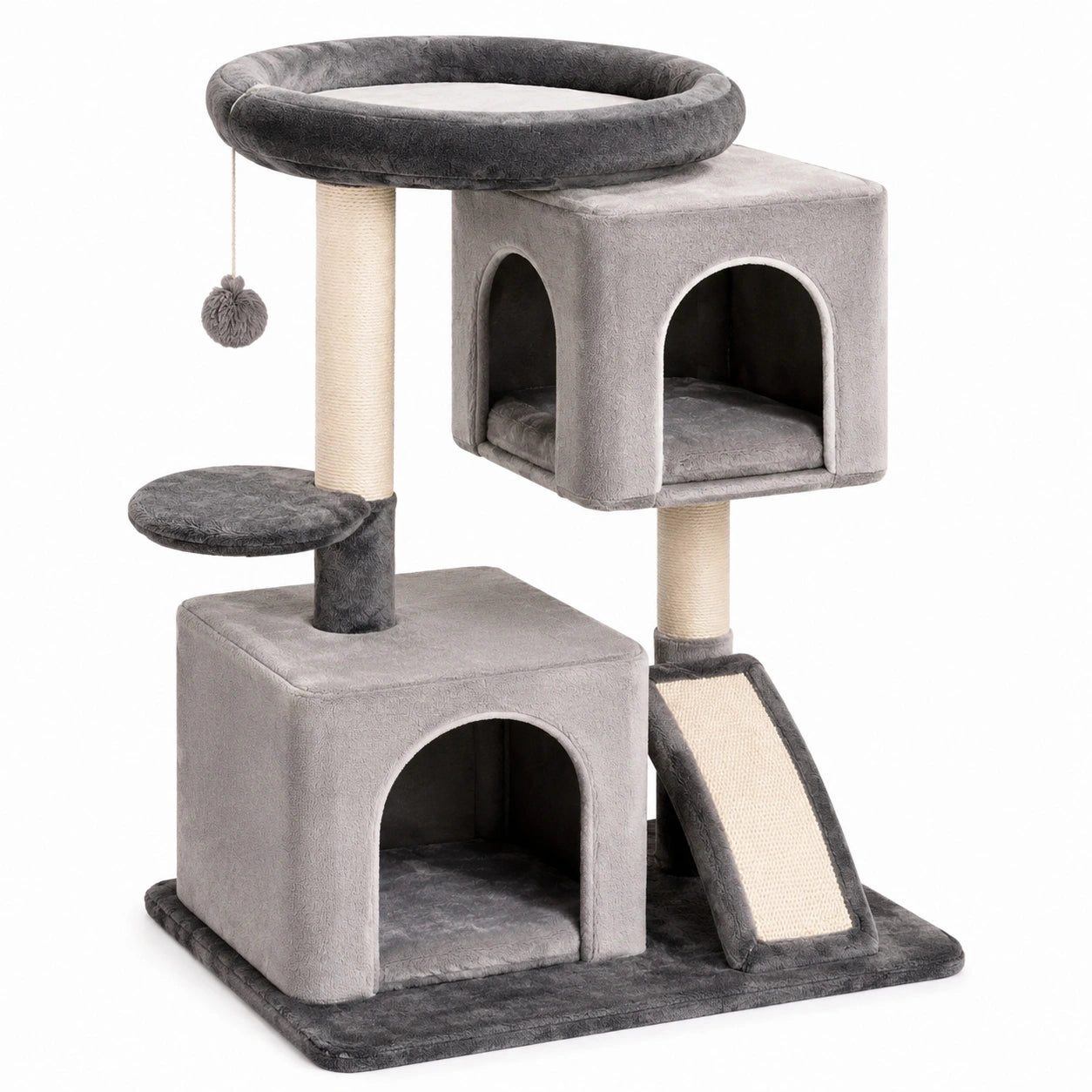 Árbol Rascador para Gatos Gris y Beige con Cuevas y Plataforma