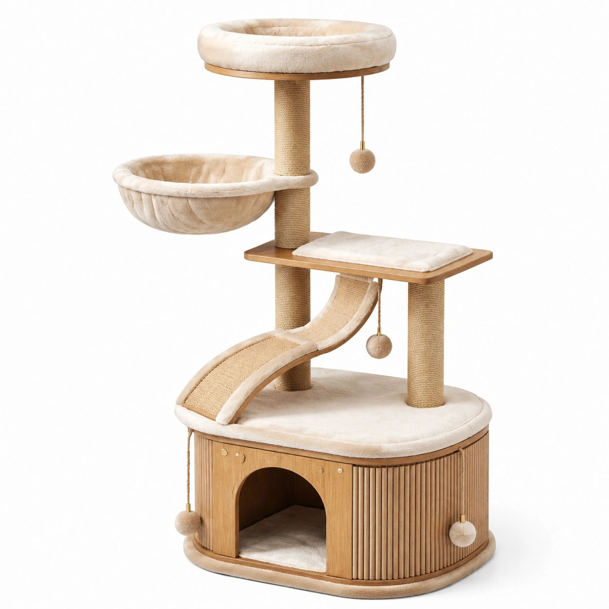 Árbol para gatos de madera con cubierta de felpa beige