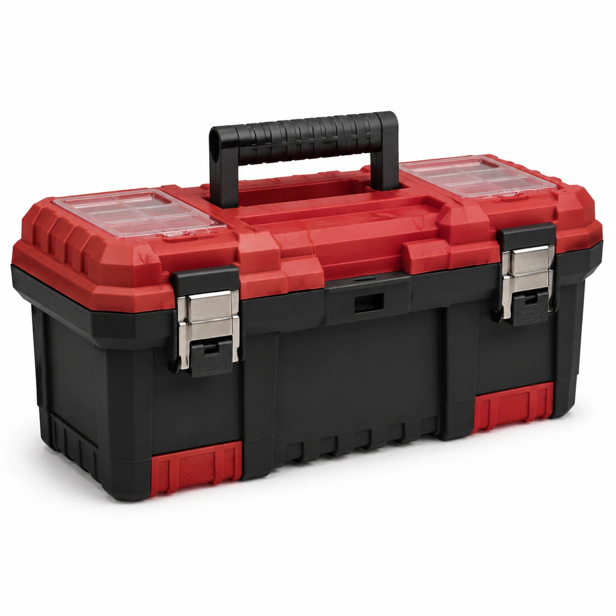 Caja de herramientas de plástico rojo y negro con cerraduras metálicas 50 cm
