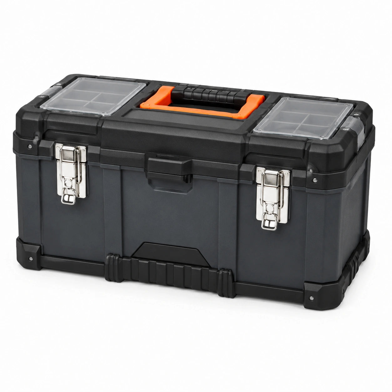 Caja de herramientas de plástico negro con pestillos metálicos, 50 x 25 x 25 cm