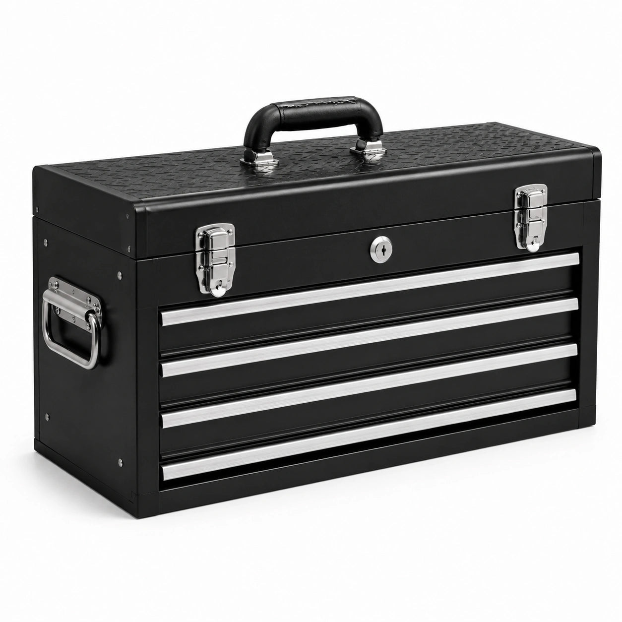 Caja de herramientas de metal negro con 4 cajones y cerradura