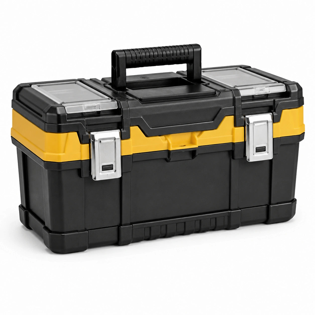 Caja de herramientas plástico negro y amarillo cierre metálico