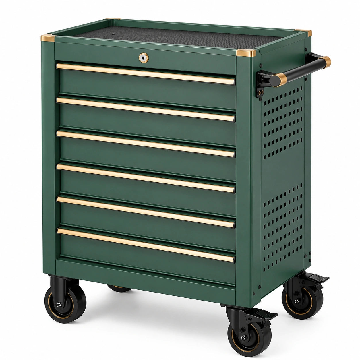 Carro de acero verde con 6 cajones y ruedas