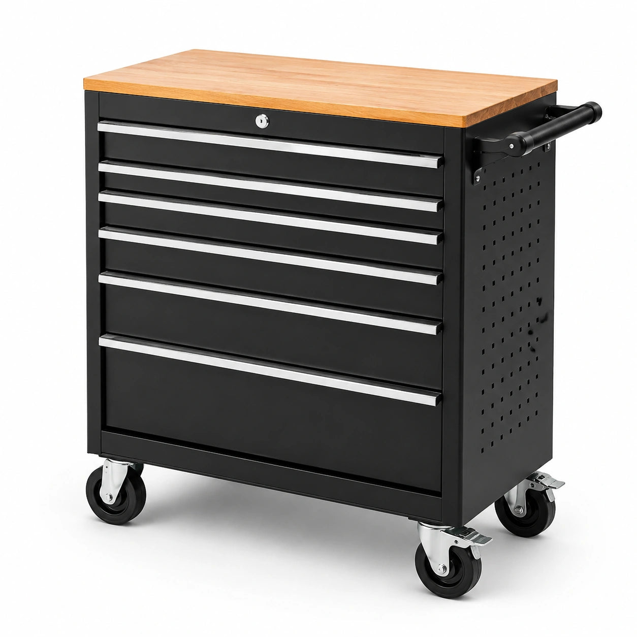Carro de herramientas con estructura de acero y superficie de madera, 6 cajones, negro/madera, 70x33x77 cm