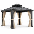 Pérgola de aluminio gris con cortinas de poliéster beige 300x400x270 cm