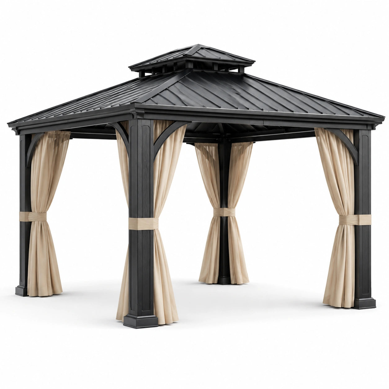 Pérgola de aluminio gris con cortinas de poliéster beige 300x400x270 cm