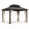 Pérgola de acero negro con cortinas de poliéster beige 3x4 m