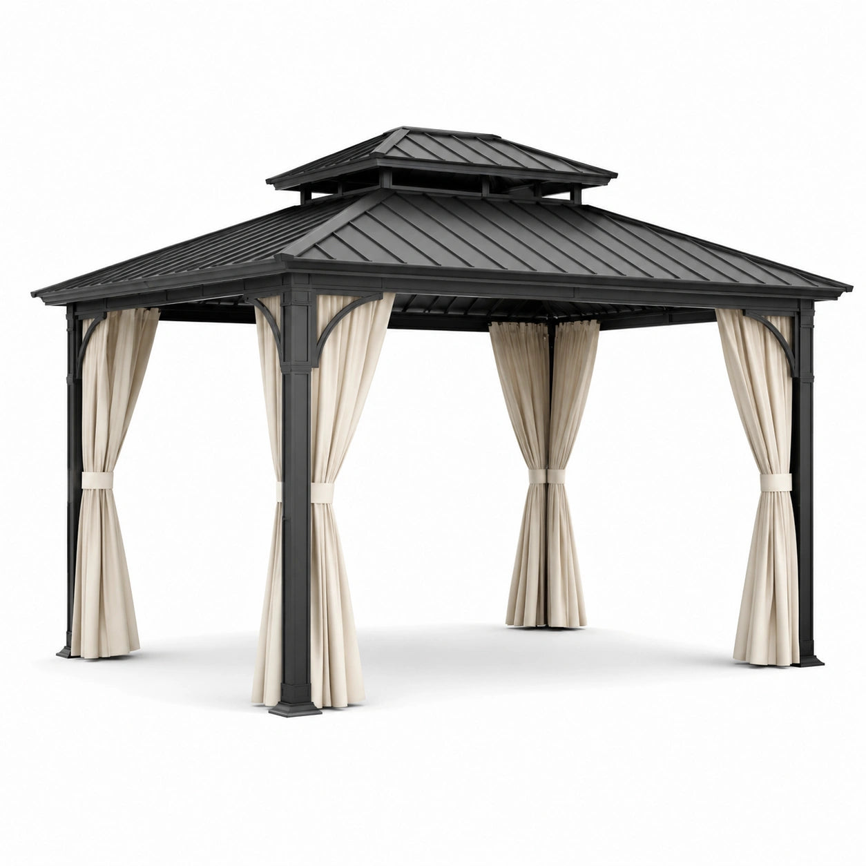 Pérgola de acero negro con cortinas de poliéster beige 3x4 m