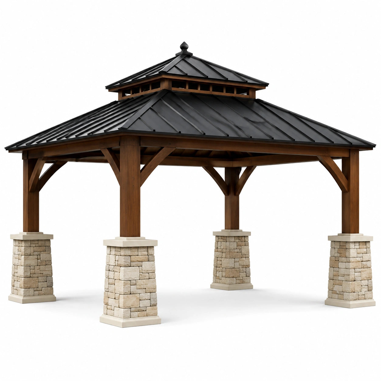 Pabellón de Madera y Metal con Columnas de Piedra