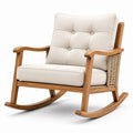 Silla mecedora de madera de teca con cojines de lino beige