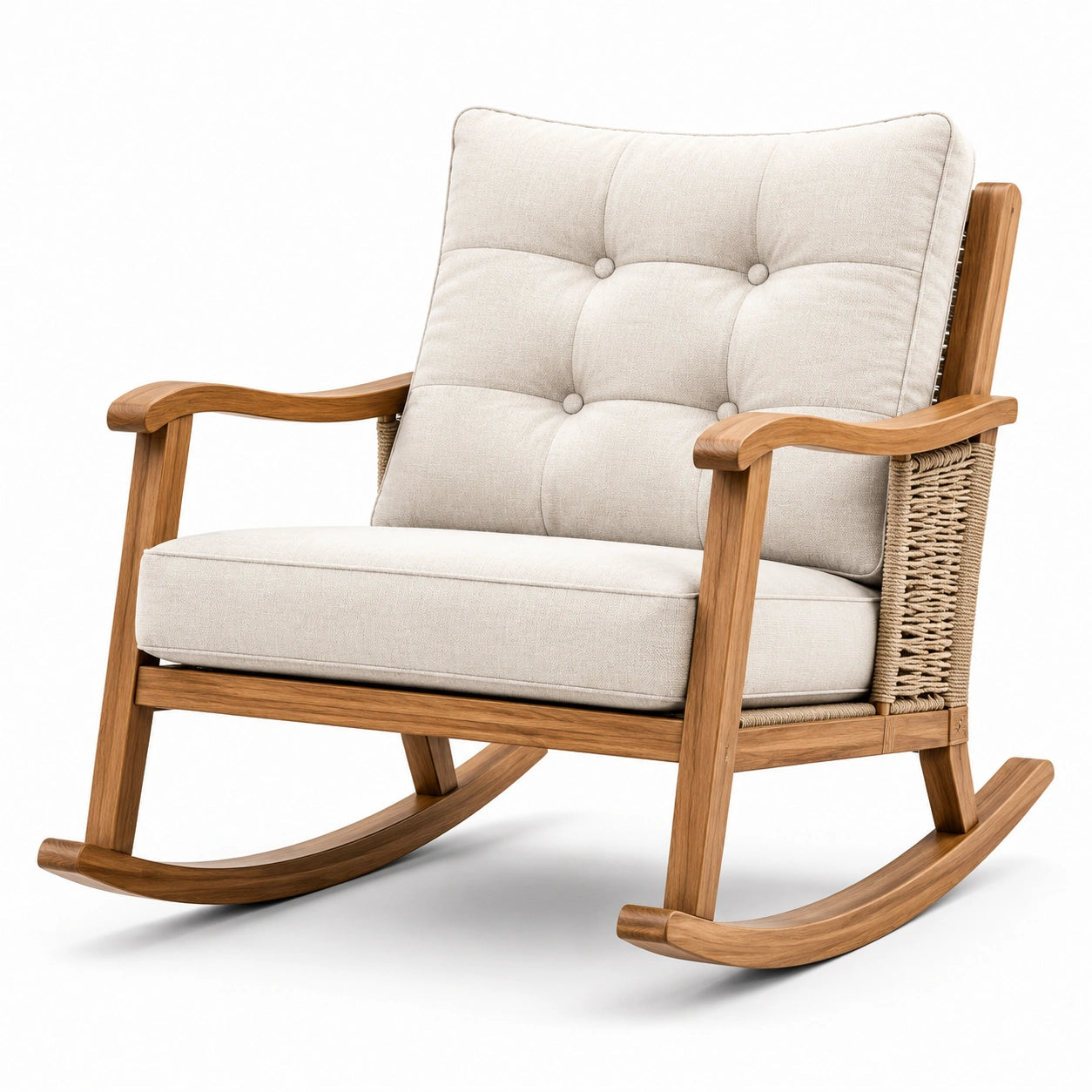 Silla mecedora de madera de teca con cojines de lino beige