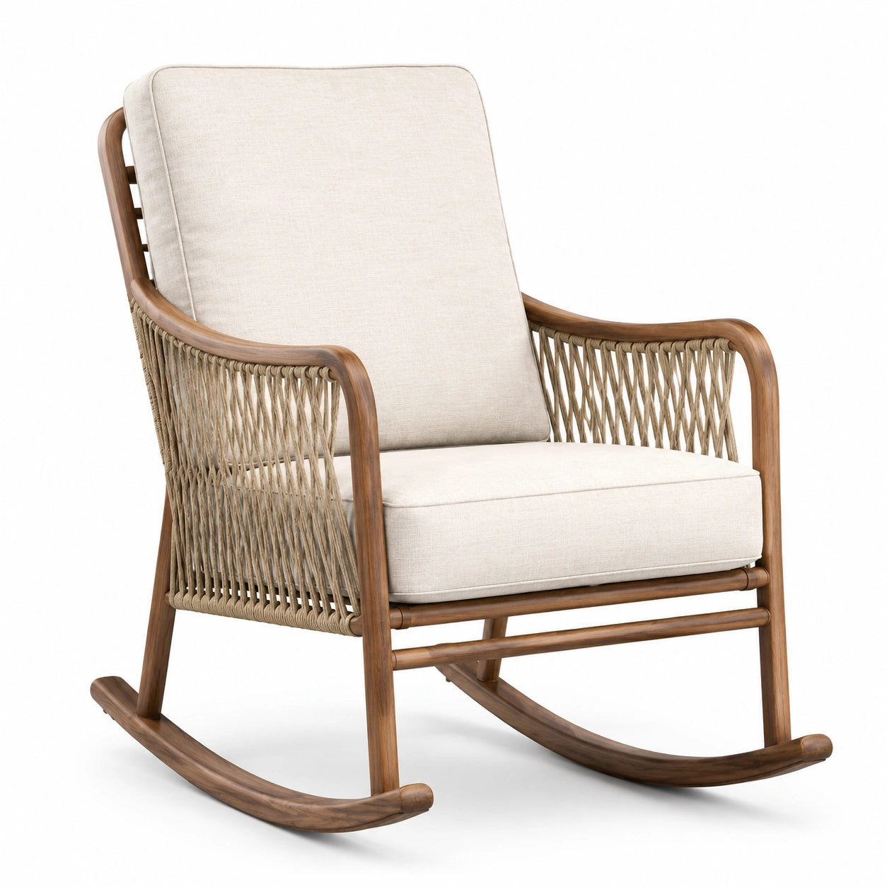 Mecedora de madera de teca con cojines de poliéster beige