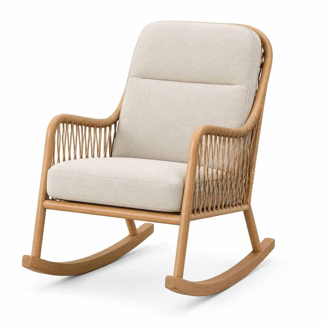 Silla mecedora de madera y ratán con cojín de poliéster beige, 85x70x90 cm