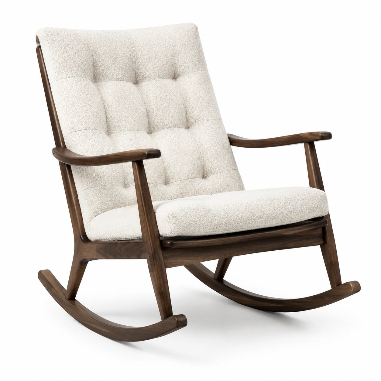 Silla mecedora de madera de nogal con tapizado beige